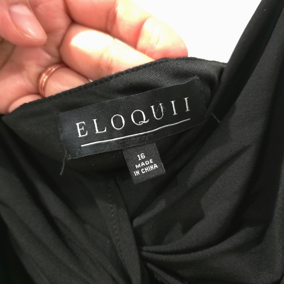 ELOQUII Black Strappy Midi Flounce Ruffle High Low Hem Dress, V-Neck Twist Front - Picture 7 of 13